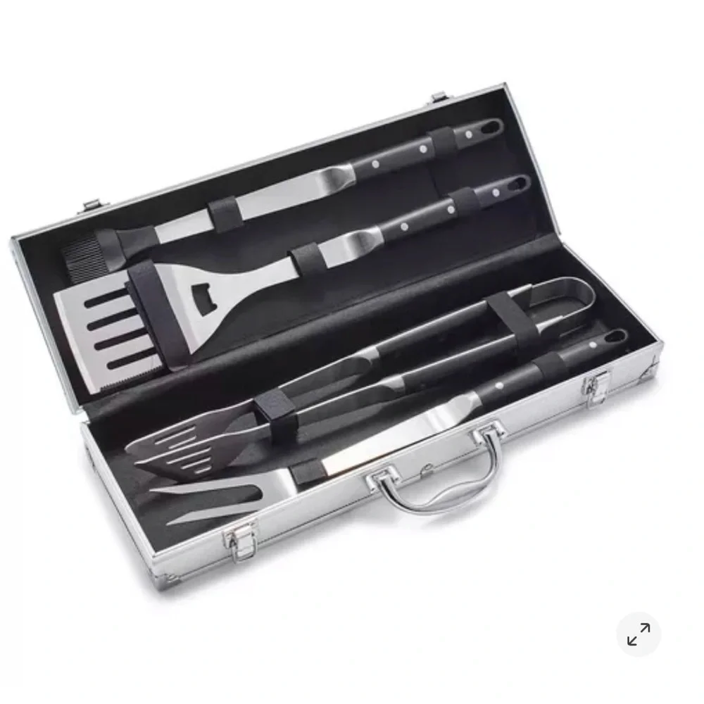 New 4pc SUR LA TABLE BBQ TOOLS SET STAINLESS STEEL WITH ALUMINUM STORAGE CASE